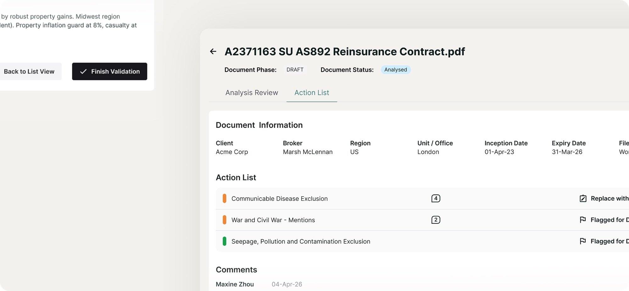 Action List showing every flagged clause with its suggested replacement, and a single Finish Validation action to close out the review