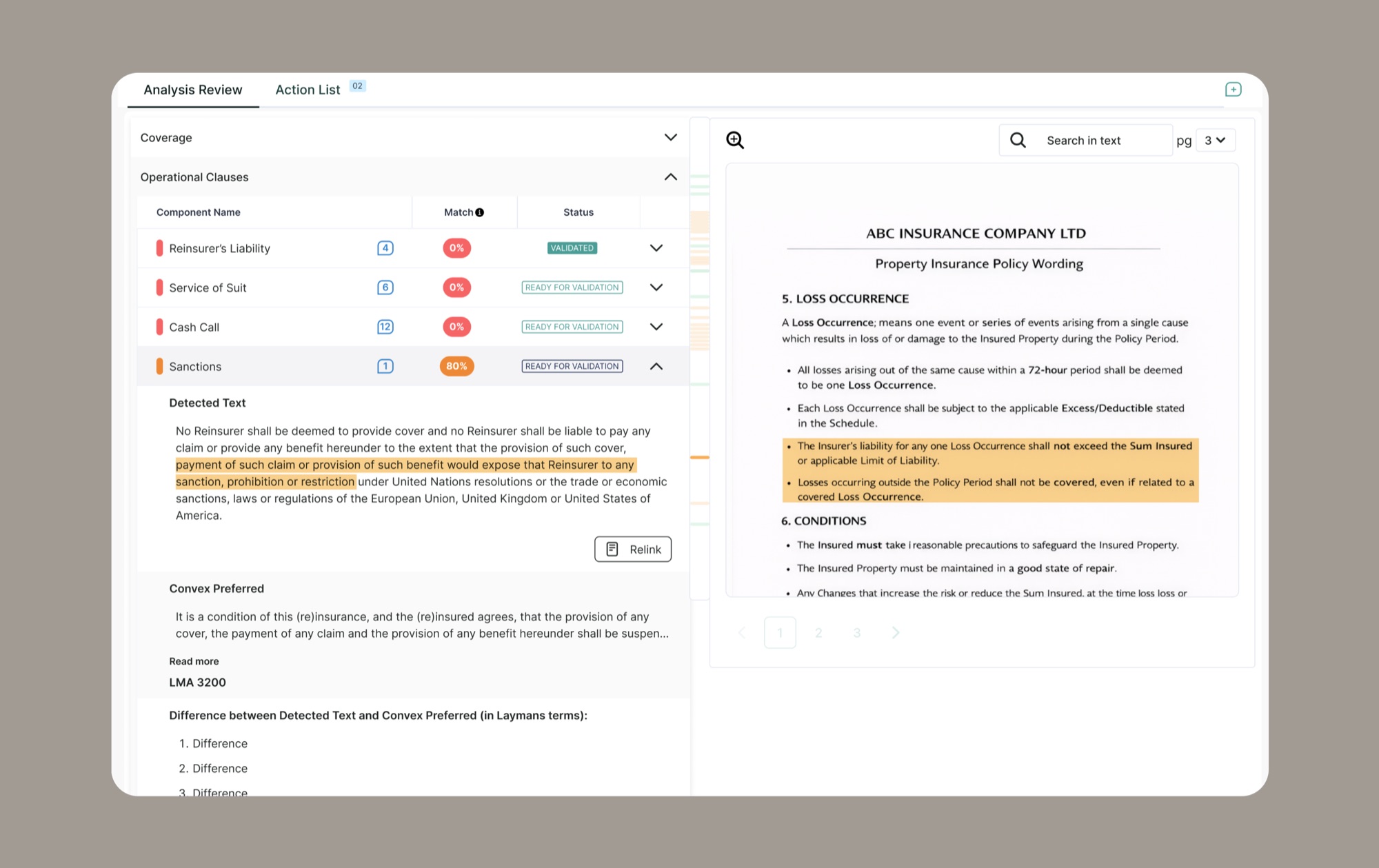 The early prototype layout for the contract analysis screen, before the redesign