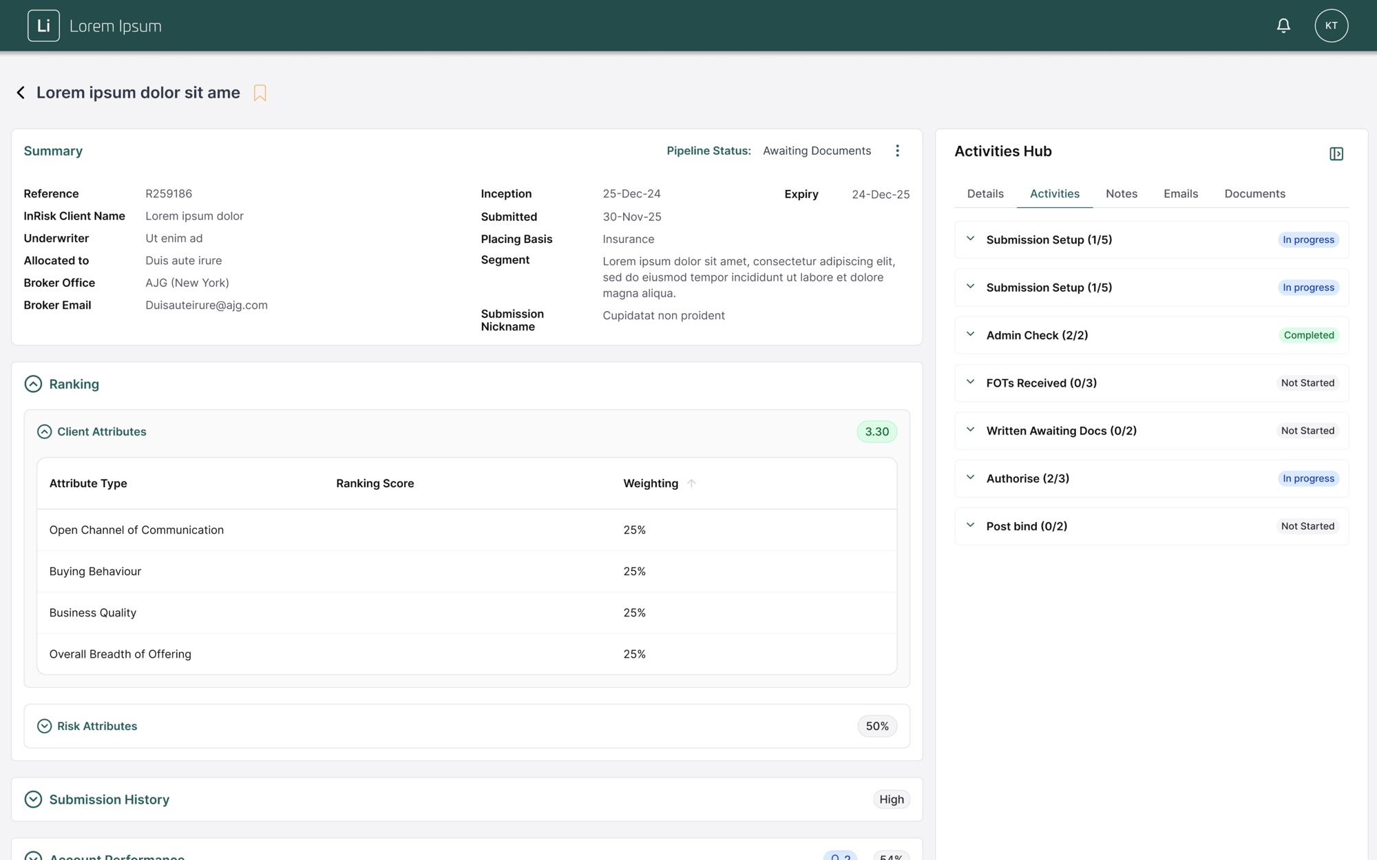 The same submission detail screen after migration, using design system components and a five-tab Activities Hub