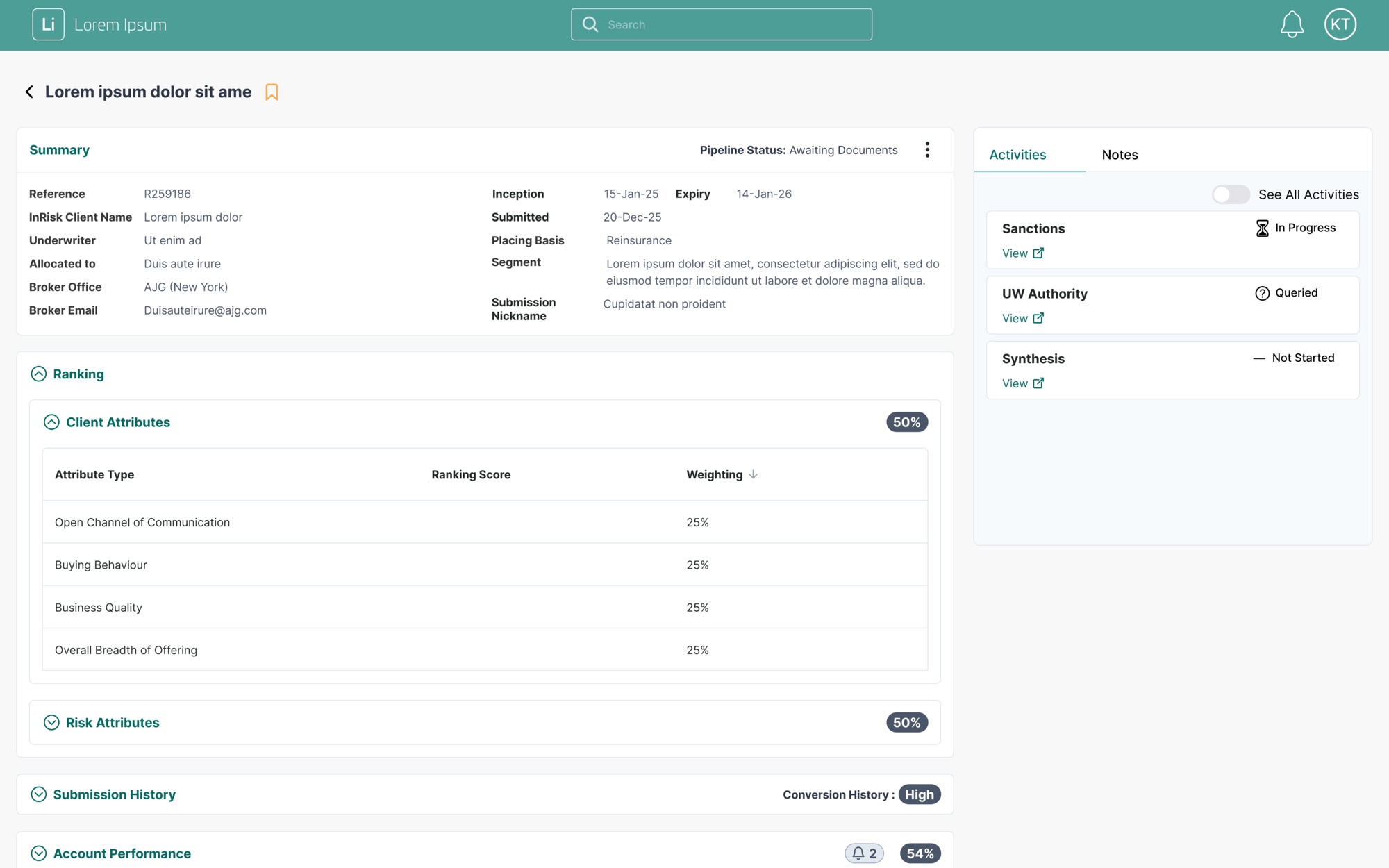 Submission detail screen before migration, with a light header and a two-tab activities panel