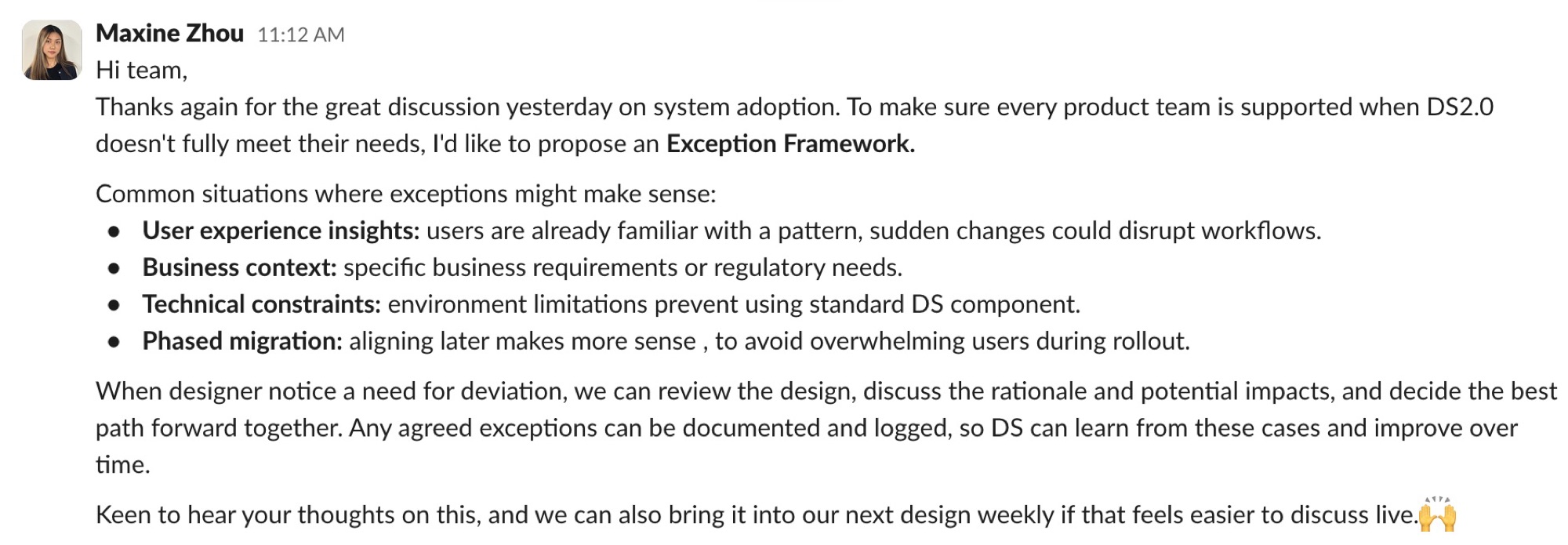 Message to the design team proposing the Exception Framework