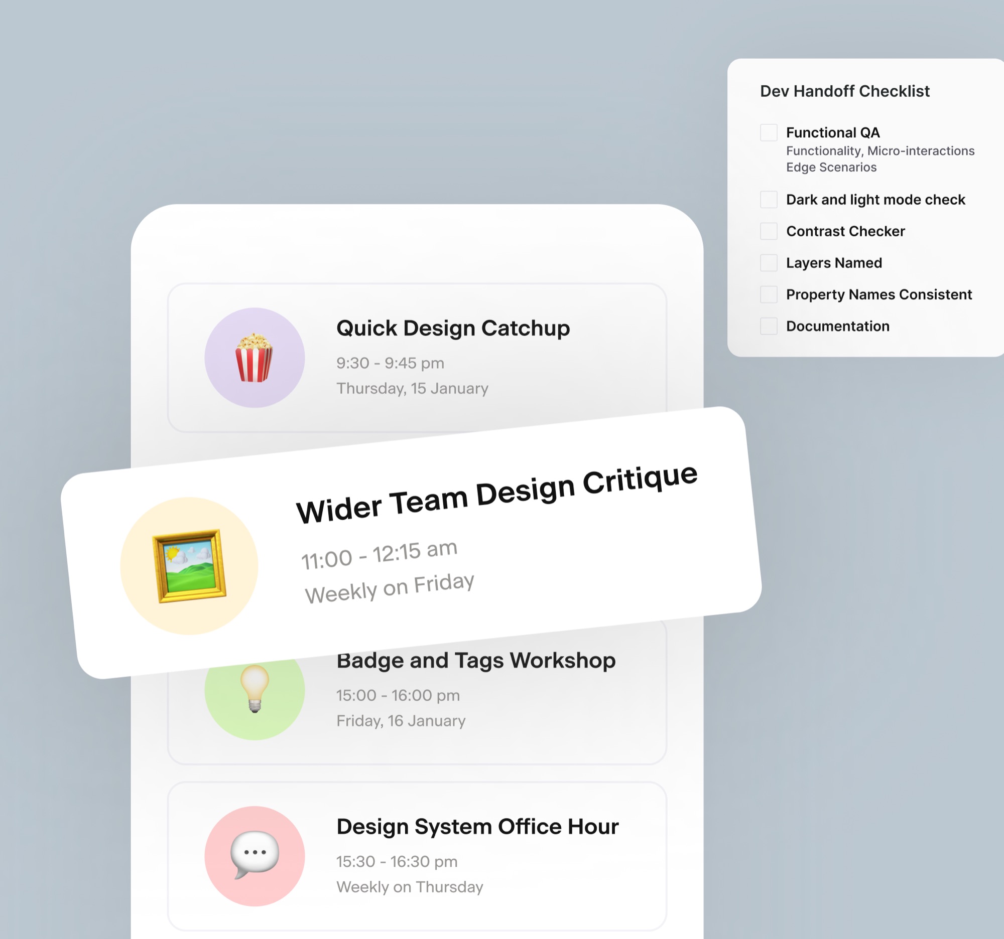 A calendar of recurring design system rituals — design catchups, critiques and office hours — alongside a dev handoff checklist