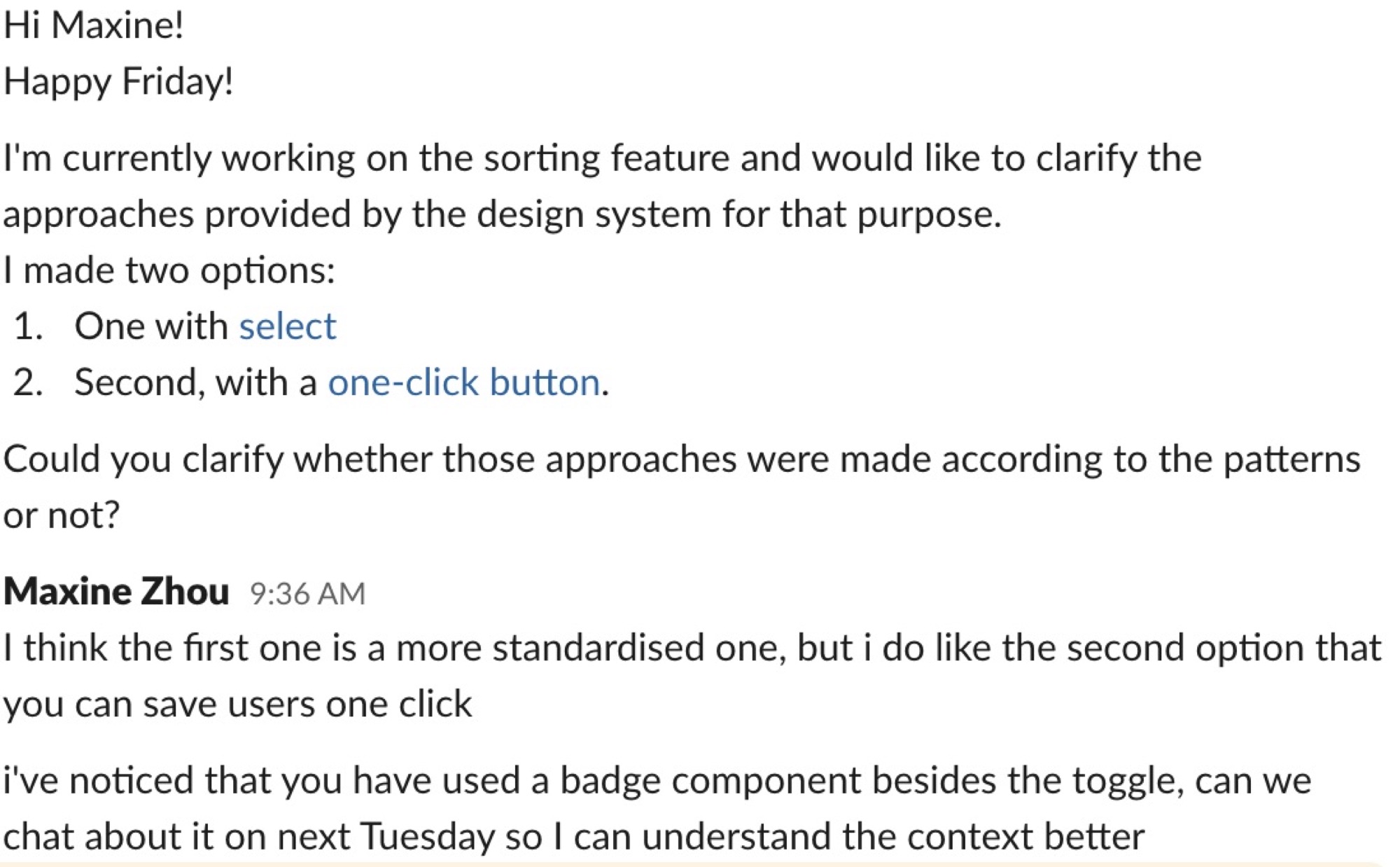 A designer asking for guidance on which sorting pattern to use
