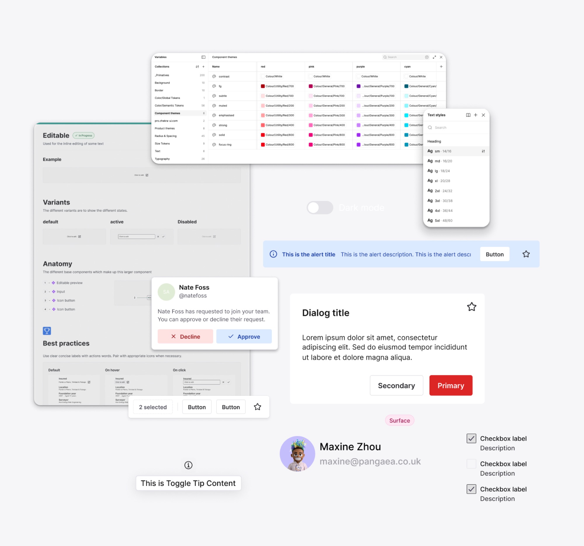 The assembled design library, showing components, variants and typography documentation across the product ecosystem