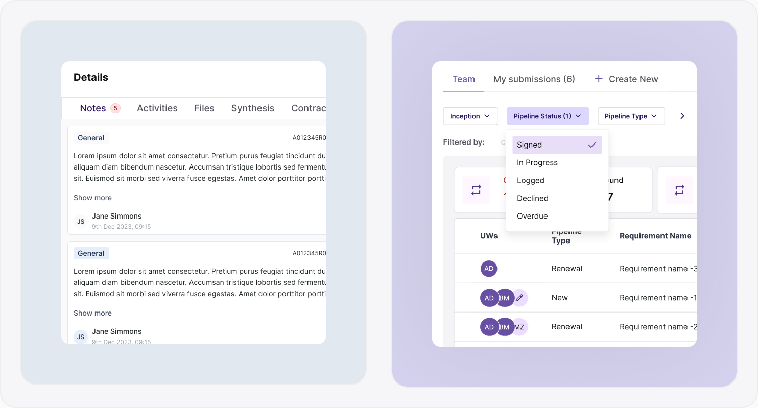 Details drawer showing Notes, Activities, Files, Synthesis and Contract tabs beside the pipeline