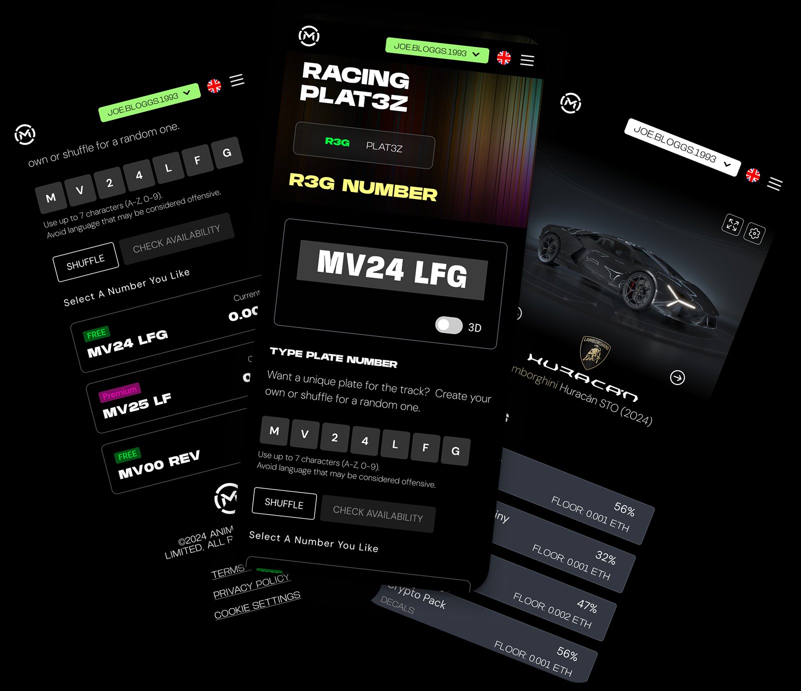 Motorverse mobile screens showing green, yellow and pink accent colours applied across plate customisation UI