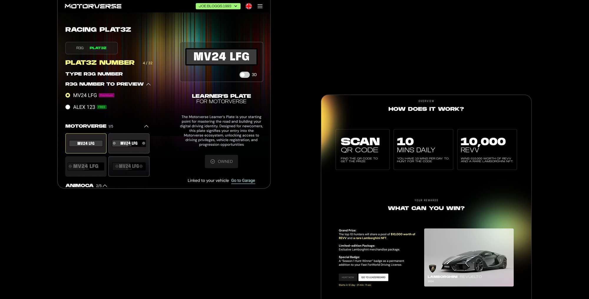 Two Motorverse plate-selection and rewards screens shown with multicolour gradient backgrounds