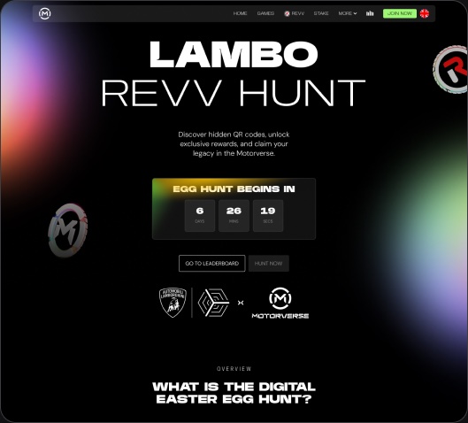 Motorverse mint page showing a countdown timer, rewards panel and the Lamborghini Revuelto prize car