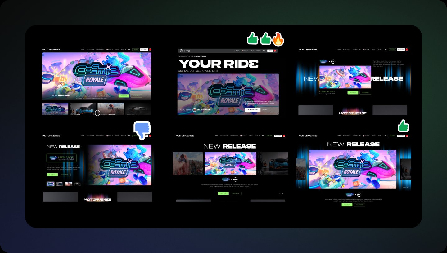 Grid of early Motorverse UI style explorations in different colour treatments