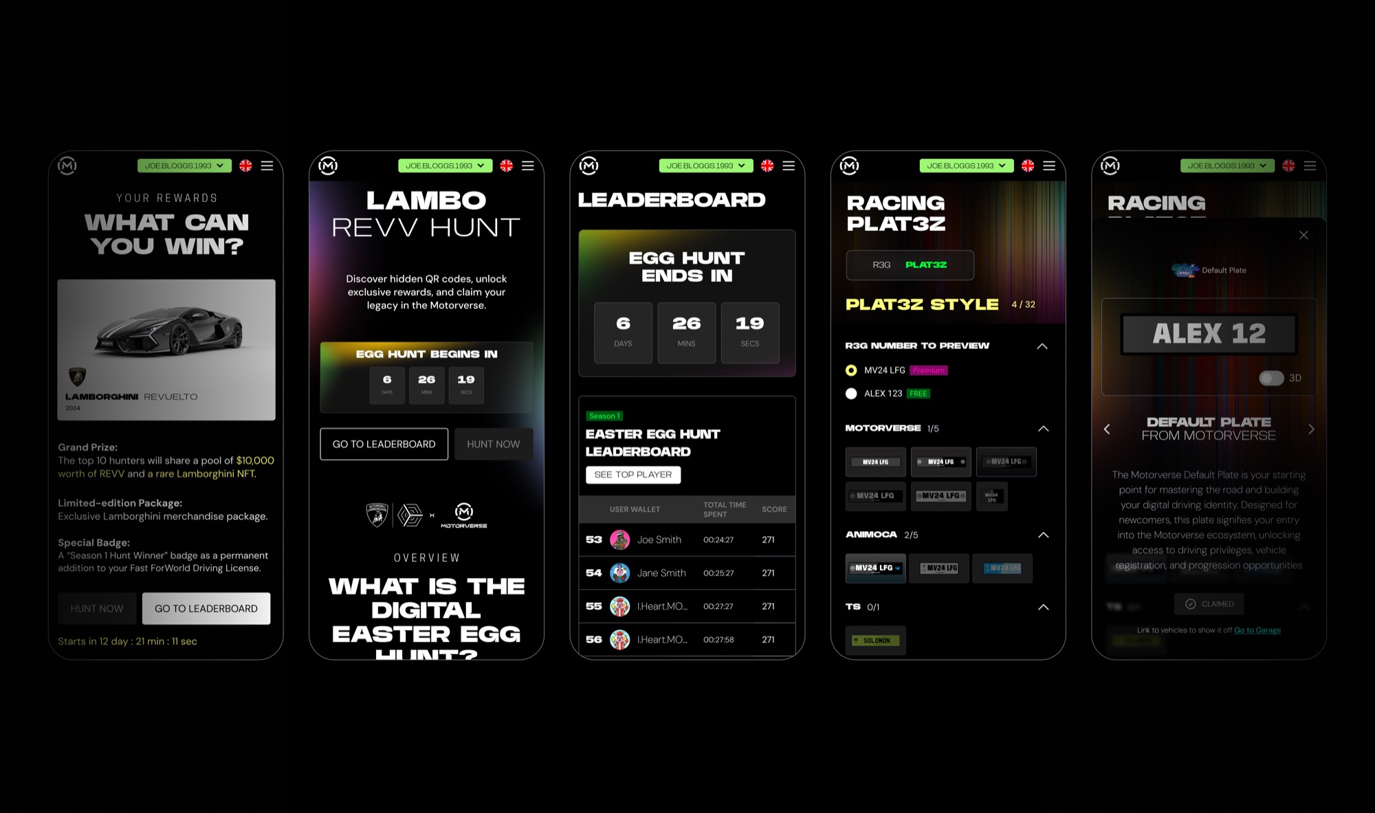 Five Motorverse mobile screens: the rewards page, the Lambo Revv Hunt landing page, the egg hunt leaderboard, the racing plate selector and a plate detail view